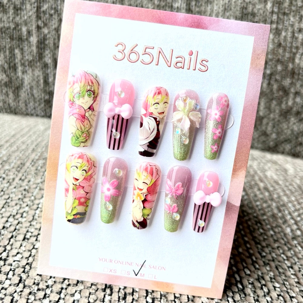 365nails: "Demon Slayer Mitsuri Kanroji" – Handmade Medium Trapezoid Press-On Nails