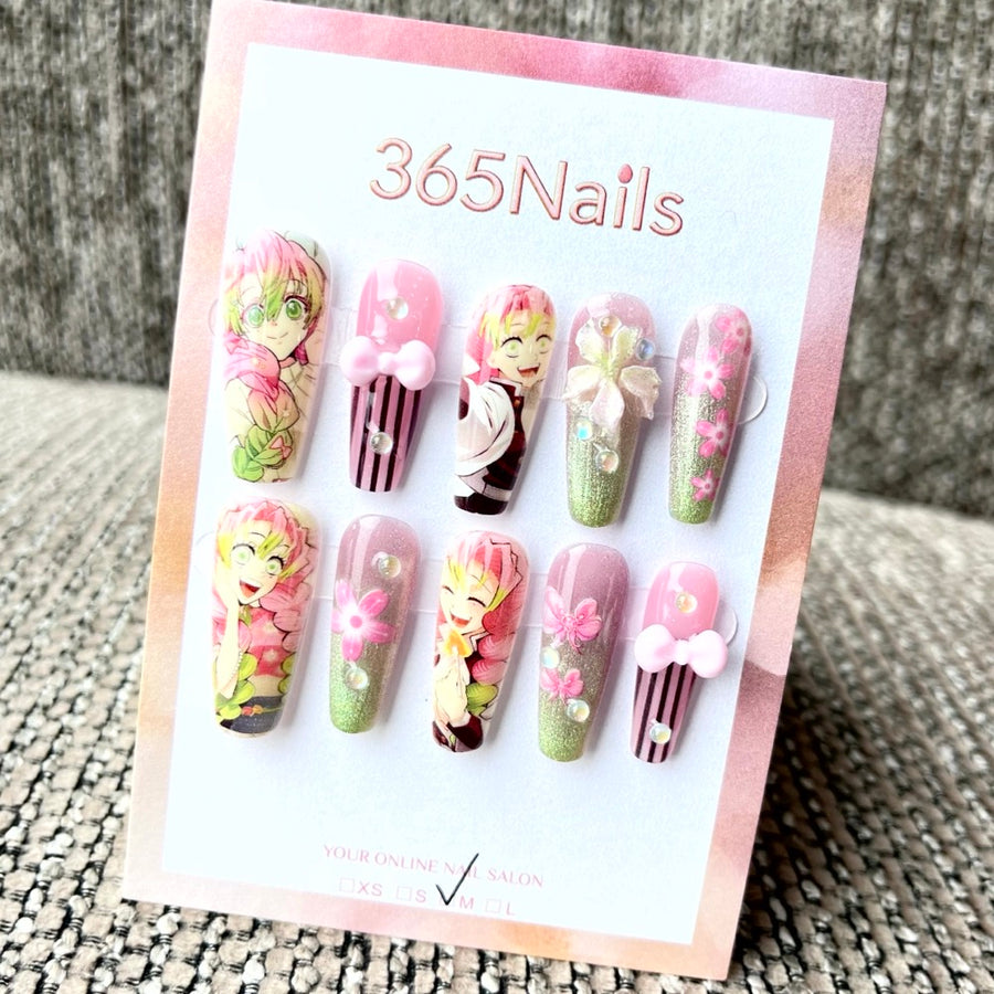 365nails: "Demon Slayer Mitsuri Kanroji" – Handmade Medium Trapezoid Press-On Nails
