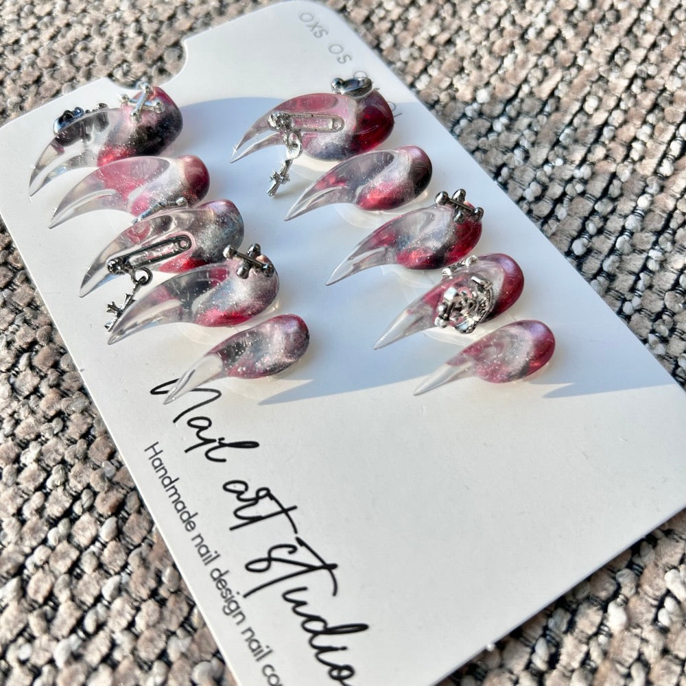 Midnight Vortex Gothic Claw Press On Nails｜Red‑Black Clear Stiletto with Silver Charms
