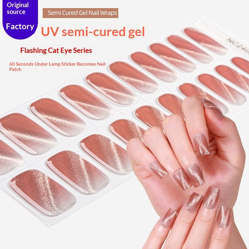Semi-Cured Gel Nail Strips Sparkle Diagonal Cat Eye Glossy Design (MOQ=3)