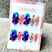 365nails：「午夜綻放」—3D 花卉與寶石 手工製 尖形 穿戴甲
