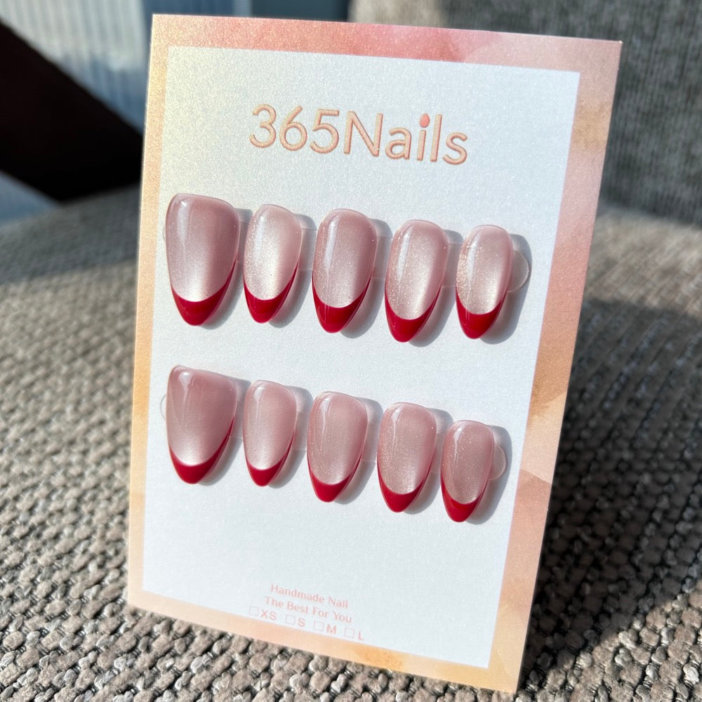 Handmade Sheer Pink Base Shimmer Red French Tip Press-On Nails (Cat-Eye/Custom/Almond)