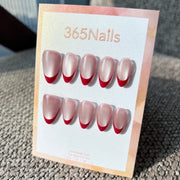 Handmade Sheer Pink Base Shimmer Red French Tip Press-On Nails (Cat-Eye/Custom/Almond)
