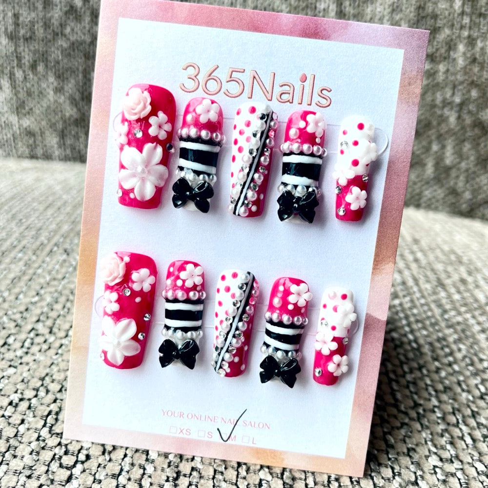 365nails: "Sweet Chic" – 3D Floral & Bow Handmade Square Nails