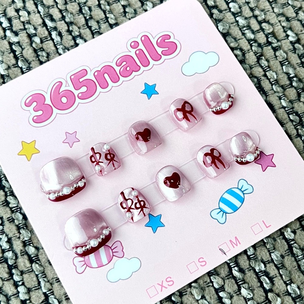 365nails: "Velvet Ribbon Romance" – 3D Bow & Heart Handmade Short Square Nails