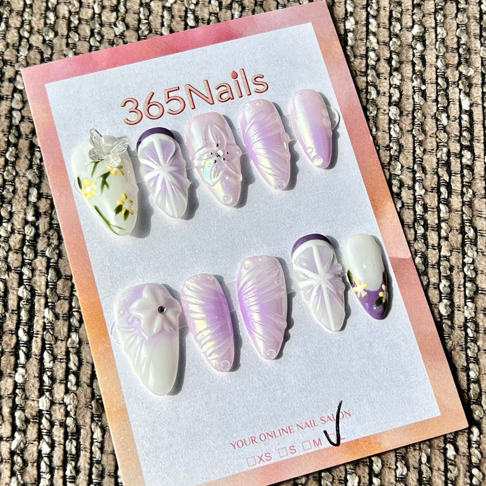 365nails: 라벤더 릴리 나비 날개 수제 미디엄 스틸레토형 프레스온 네일