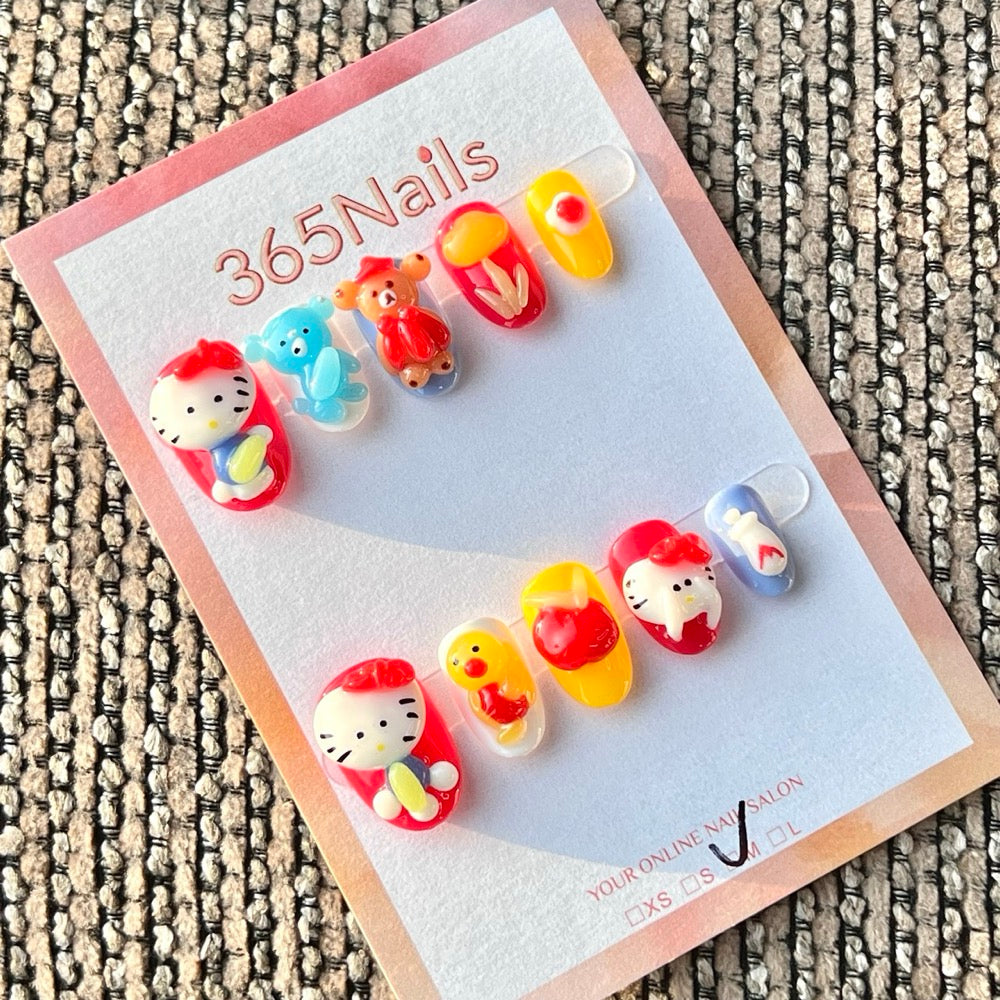 365nails: "Colorful Hello Kitty Cartoon Short" – Handmade Short Square Press-On Nails