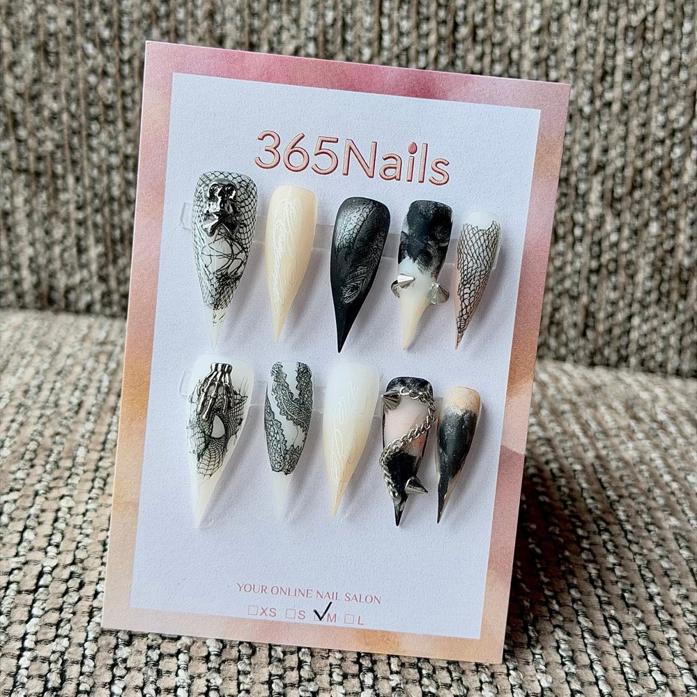365nails: "Gothic Skeleton Lace" – 3D Metal Charm Handmade Stiletto Press On Nails