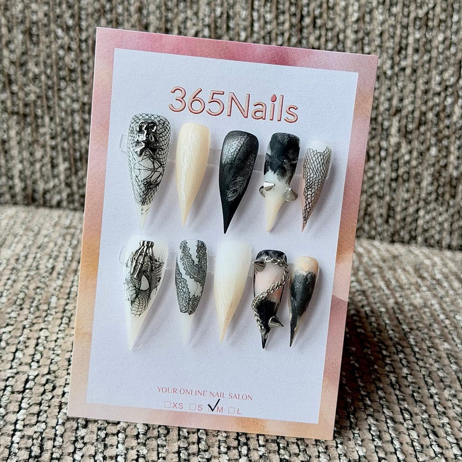 365nails: "Gothic Skeleton Lace" – 3D Metal Charm Handmade Stiletto Press On Nails