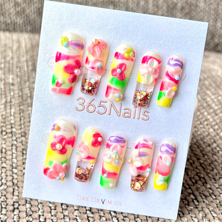 365nails : "Candy Swirl Bloom" – ongles press-on fait main, effet liquide animé, mi-longs, forme carrée - 3cm