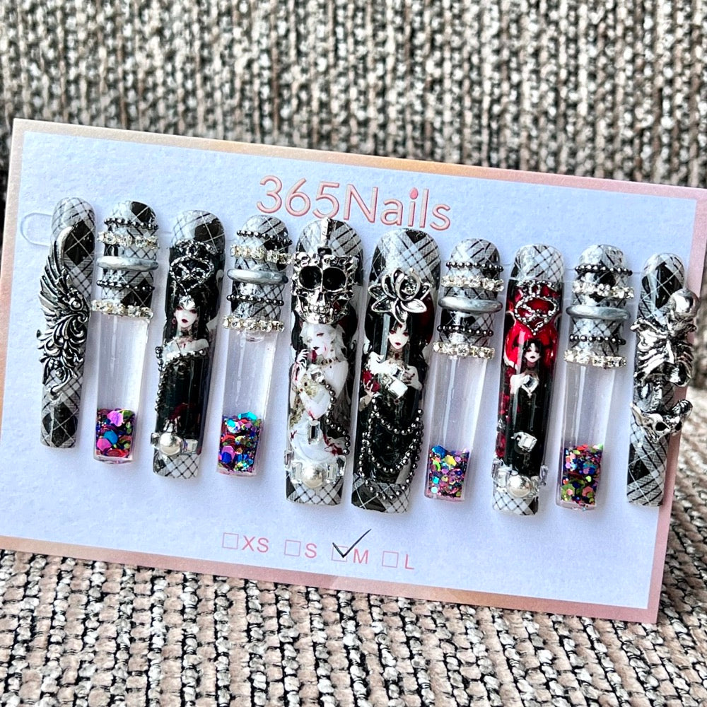 365nails: "Gothic Vampire Maiden" – Handmade Liquid Motion Press-On Long Pipe Nails-5.5cm