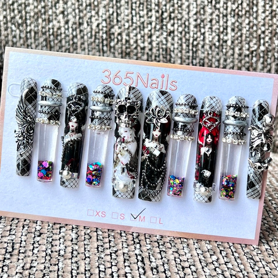 365nails: "Gothic Vampire Maiden" – Handmade Liquid Motion Press-On Long Pipe Nails-5.5cm