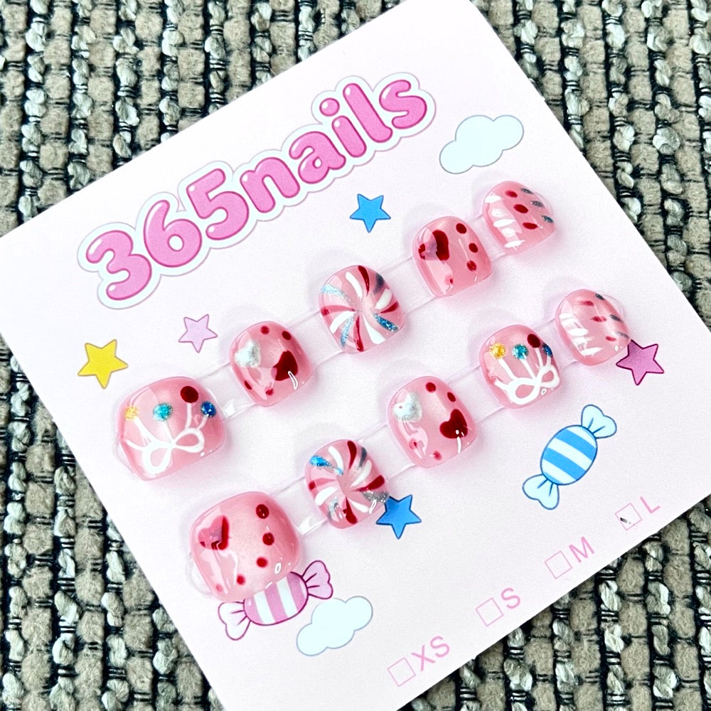 365nails: "Sweet Heart Candy" – 3D Lollipop & Bow Handmade Short Square Nails