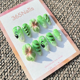 Sculpted Flora: "Spring Swan & Green Vine" – 3D Green Flower & Black Swan Art on Apple Green Ombre Almond Nails with Metallic Accents