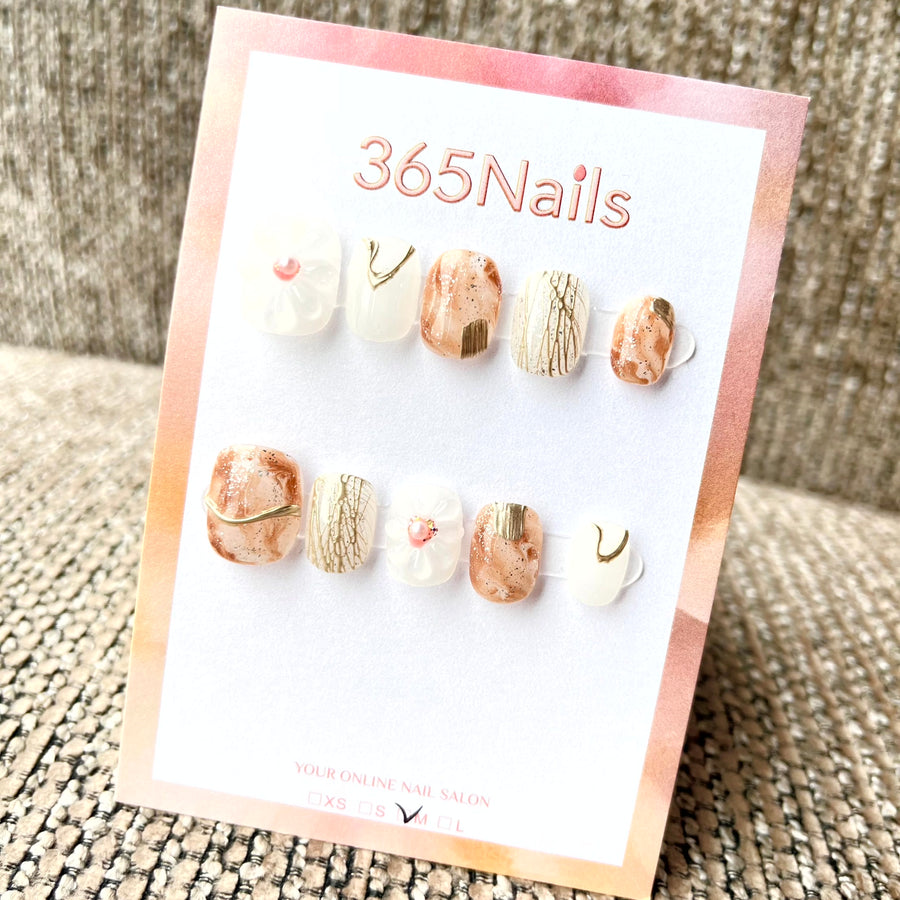 365nails: "Peach Blossom" – 3D Floral Handmade Short Square Nails