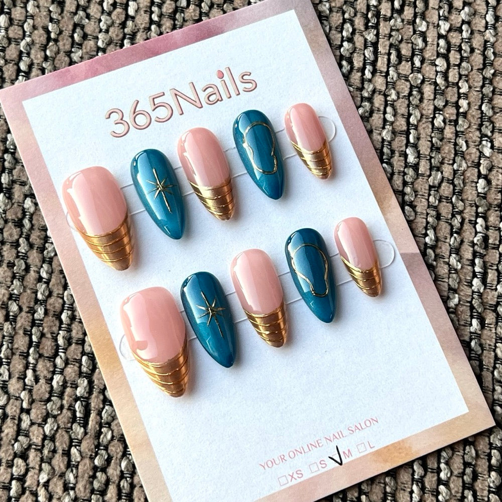 Teal Gilded Wave - Blue Gold Abstract Press-On Nails