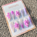 Sculpted Flora: "Lavender Dewdrop" – 3D Translucent Purple Flowers & Wet Look Water Droplets on Stiletto Nails