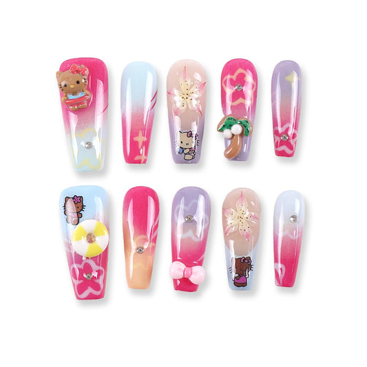 365Nails Candy Ombre Island Vibes with Hand-Painted Flowers, 3D Beach Charms and Cute Cartoon Decals Press-On Nails