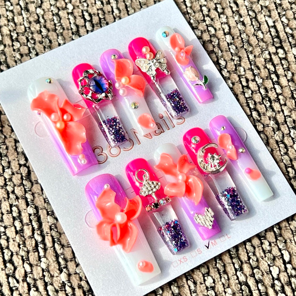 365nails: "Neon Fantasy Bloom" – Handmade Liquid Motion Press-On Medium Square Nails-4cm