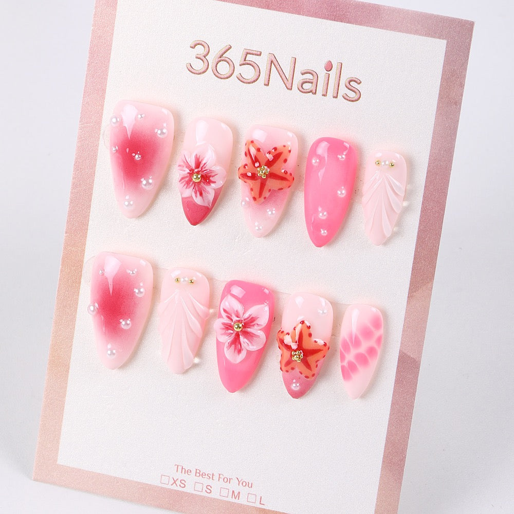 Uñas postizas largas 365nails, diseño floral rosa en 3D pintado a mano.