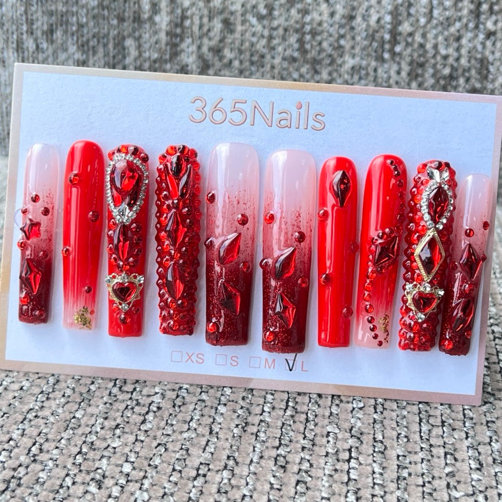 365nails: "Crimson Obsession" – 3D Heart & Rhinestone Handmade Coffin Nails