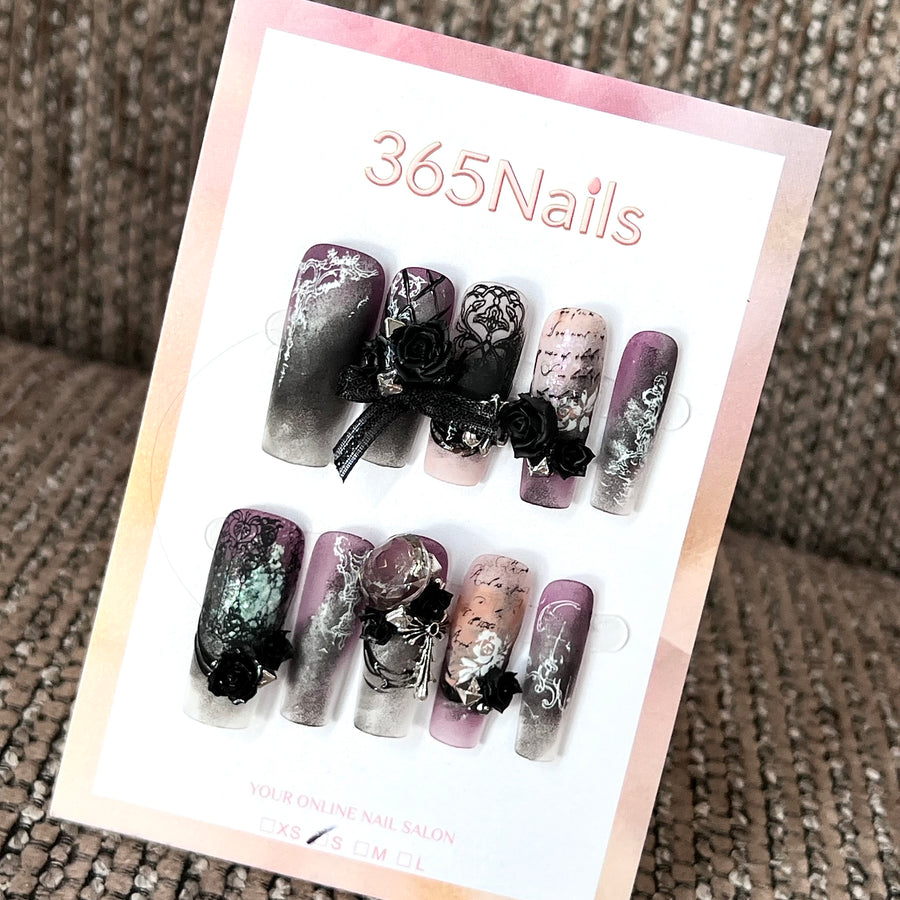 Noir Rose Lace - Black Plum 3D Bow Press-On Nails