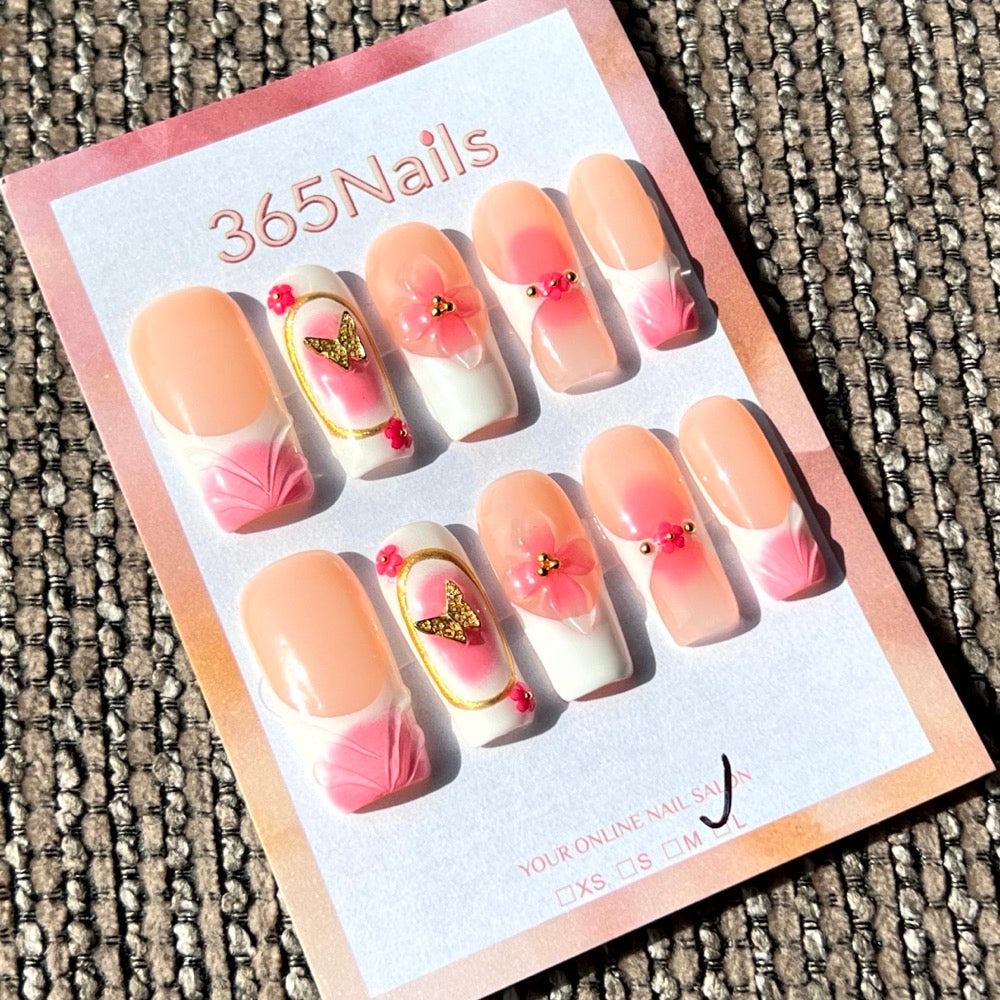 365nails: "Jardin de papillons roses" – ongles press-on forme carrée, courts, fait main, 3D floral et papillons