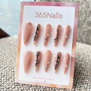 Femme Fatale: "Gothic Script" – Nude Pink Base with Black Old English Text & Silver Studs Long Stiletto Nails