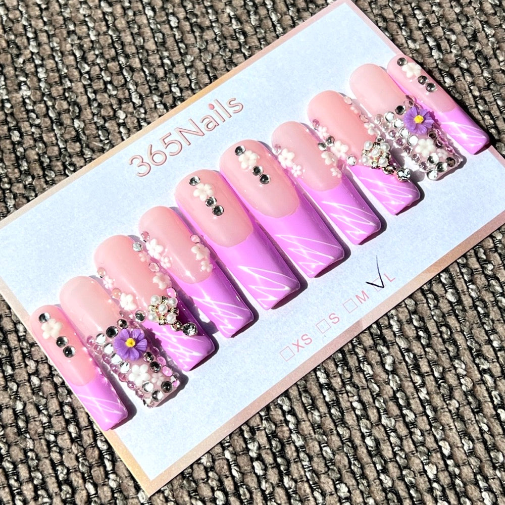 365nails: "Amethyst Garden" – Unhas Longas Amendoadas 3D Florais e Peroladas Feitas à Mão