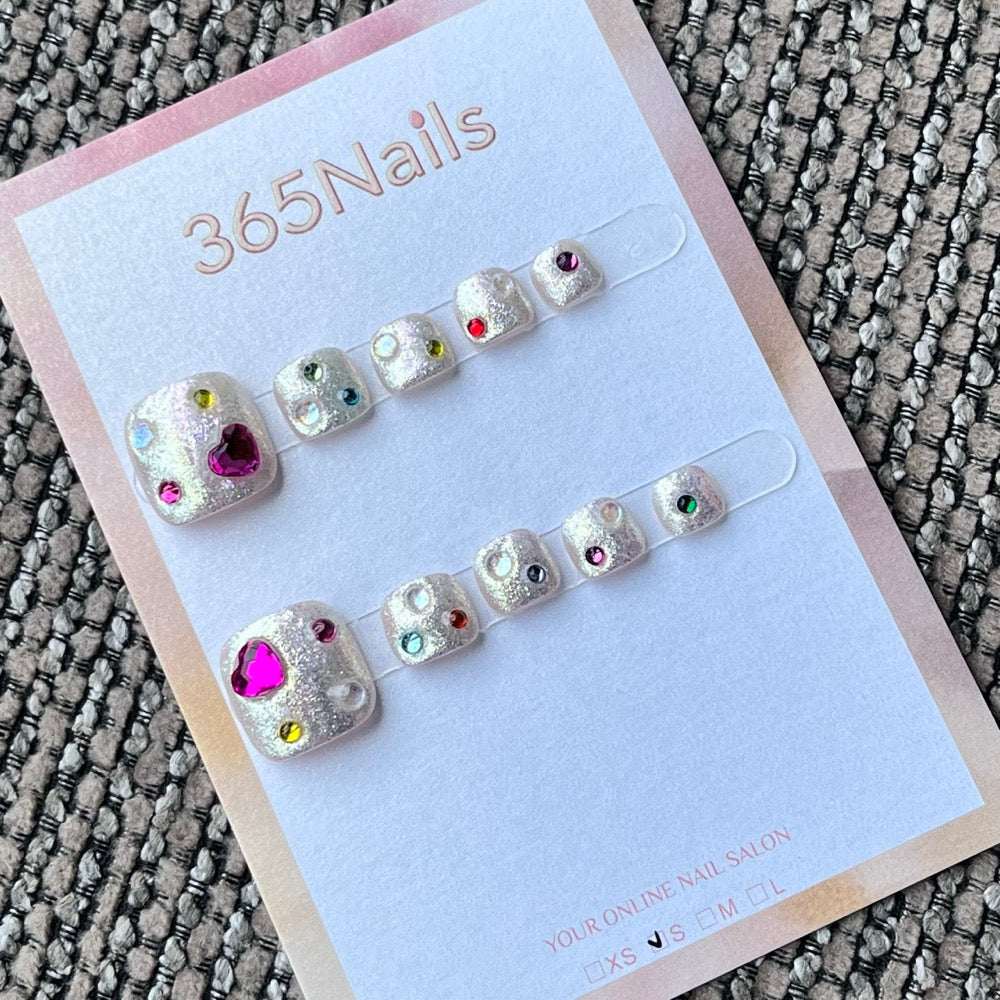 Iridescent Crystal Heart Glitter Press-On Toenails