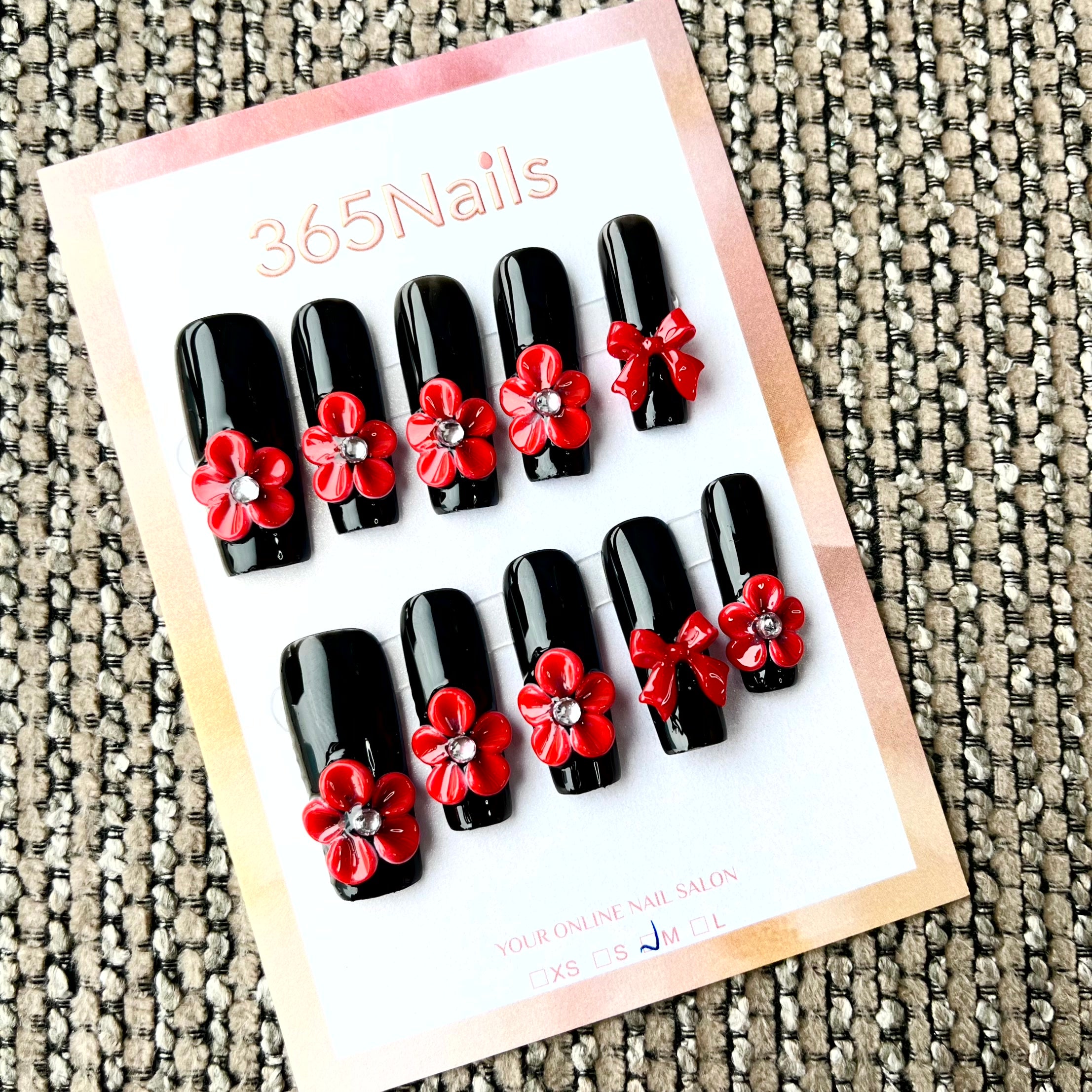 Fleur Écarlate: "Nœud Fleur Rubis" – Ongles press-on longs coffin