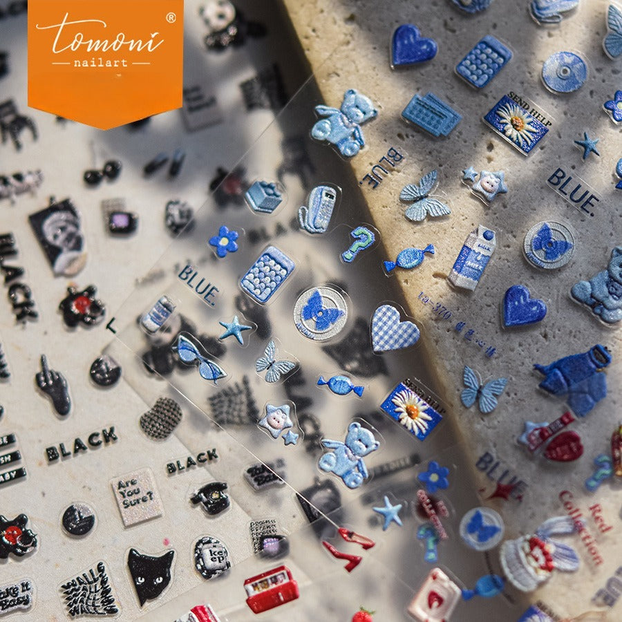 Monochrome Panda & Cat Nail Stickers – 5D Embossed Edgy Minimalist Set
