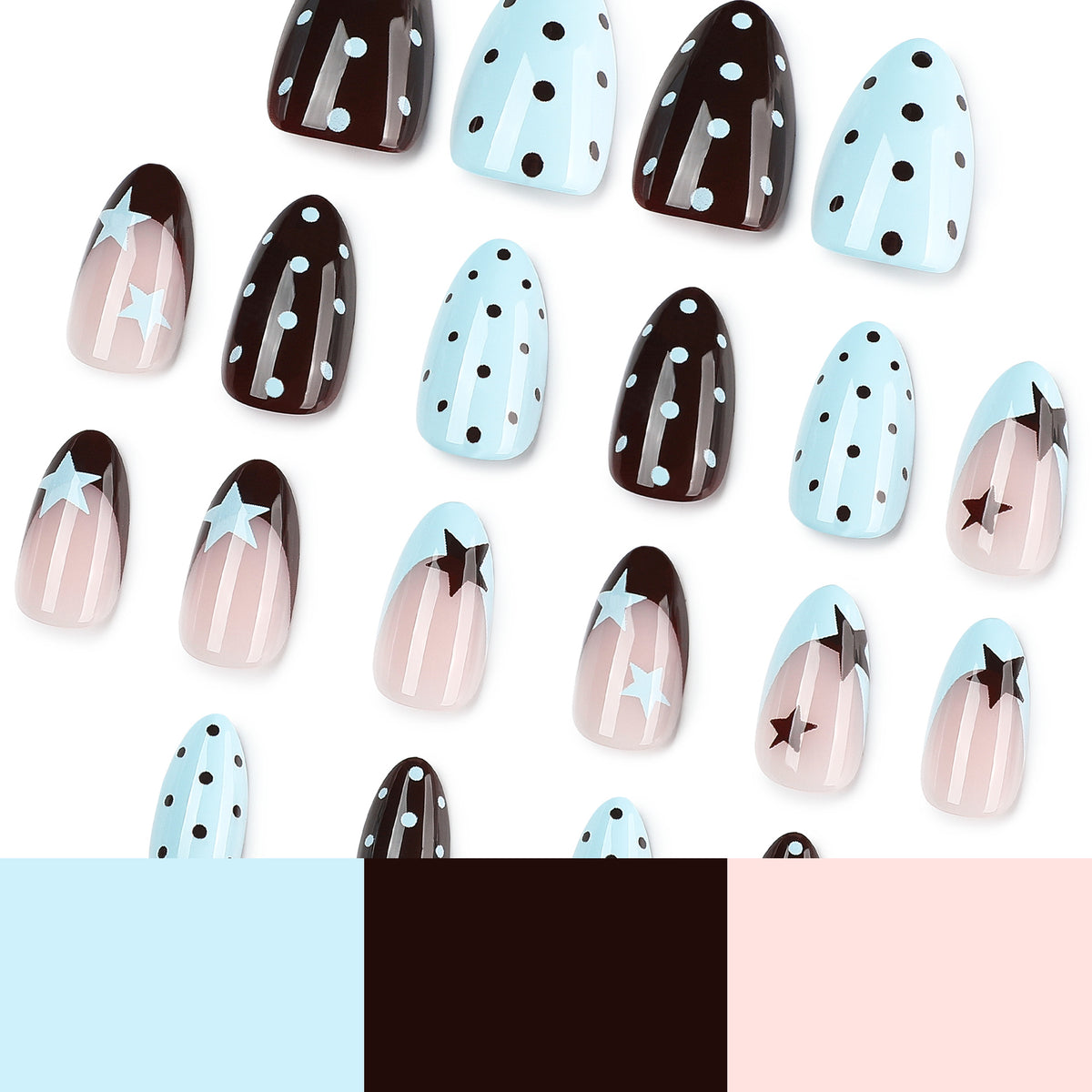 Scattered press-on nails with star and polka dot art beside color swatches