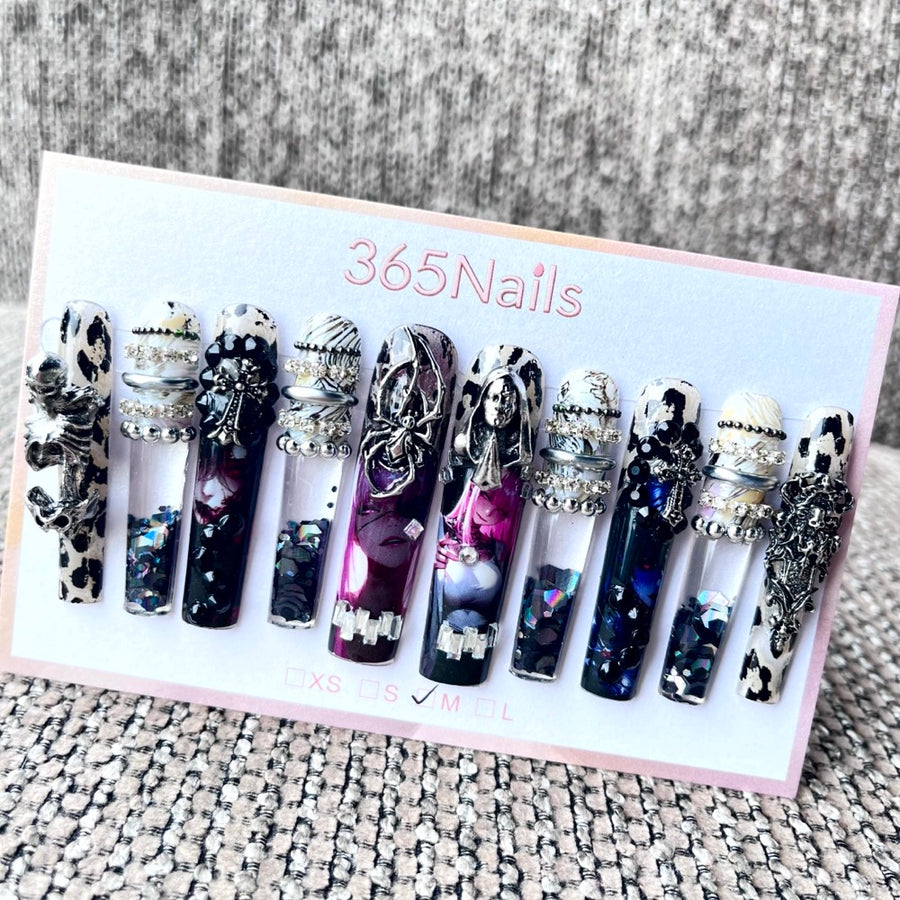 365nails: "Midnight Masquerade" – 3D Art Handmade Coffin Nails-5.5cm