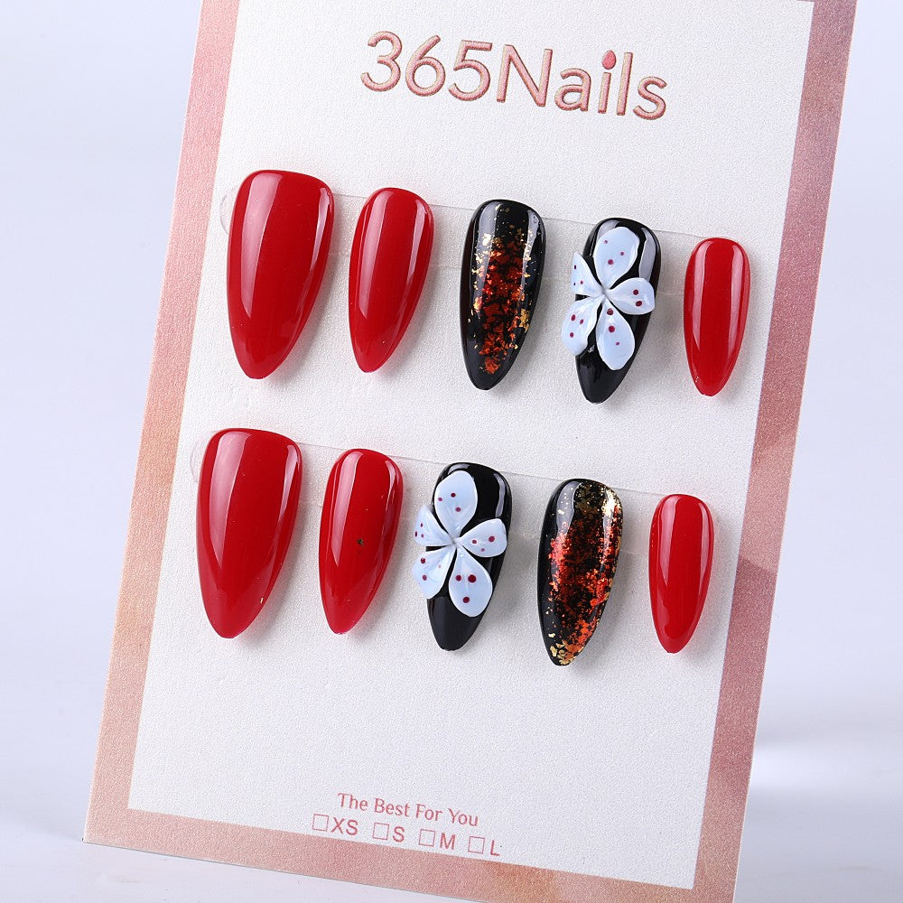 Flaming red and black shimmer medium almond 3D white flower embellishment press on nail