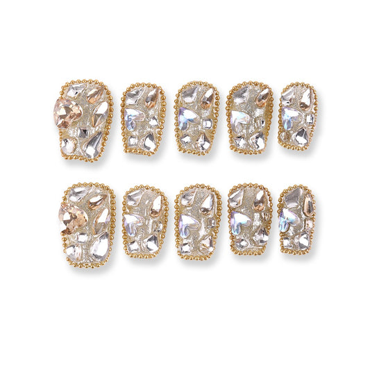 365Nails Gold Textured Base with Full Crystal Shards — Lux Bling Short‑Medium Squoval Press‑Ons