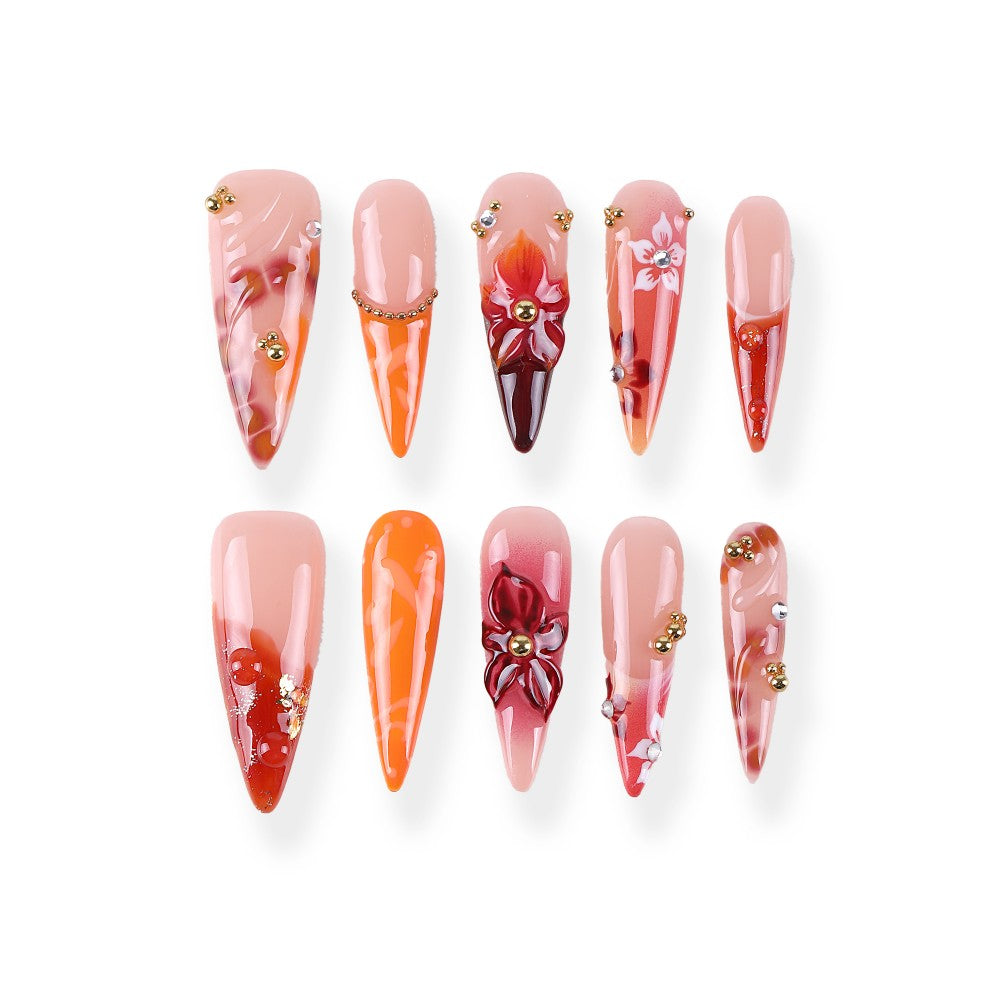 Sunset blooming orange-red 3D flower super long pointed press on nail
