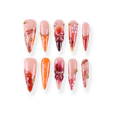 Sunset blooming orange-red 3D flower super long pointed press on nail