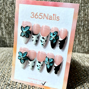 365nails: "미드나잇 버터플라이" – 3D 나비 & 달마시안 프린트 수제 아몬드형 네일