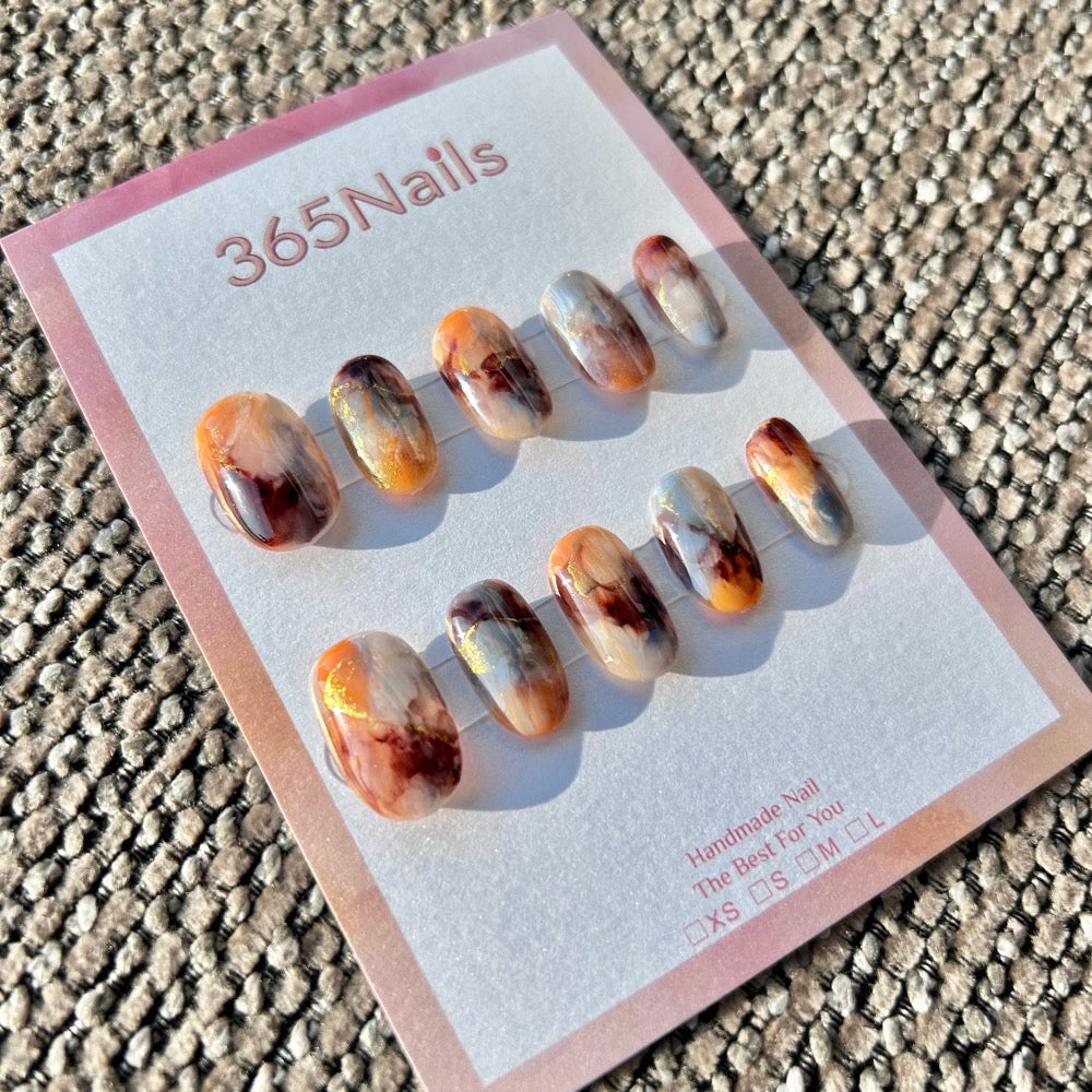Gilded Years & Caramel Amber Coffee Marble & Gold Foil Smudge Nails ｜ Handmade Smudge Series(moq=30)