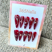 365nails: "緋紅網與銀色紋脈" – 線條風格水晶手工製尖形甲片