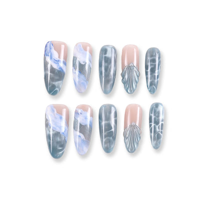 365nails sea‑salt blue water ripple with shell pearls press‑ons