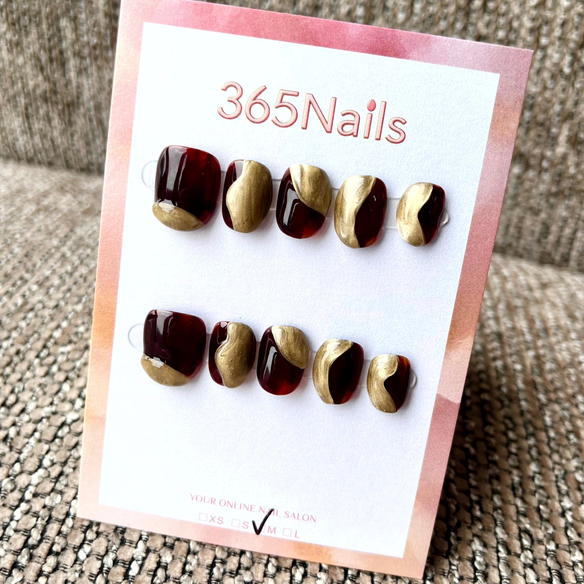 365nails: "Bordeaux & Gold" – Hand-Painted Abstract Swirl Handmade Short Square Nails