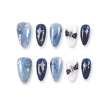 365Nails Midnight Galaxy Long Almond Press-On Nails with Star Glitter and Crystal BowsSold in packs of 5. Minimum order: 1 pack (5 pcs). Quantity = number of packs. Qty 1 = 5 pcs
