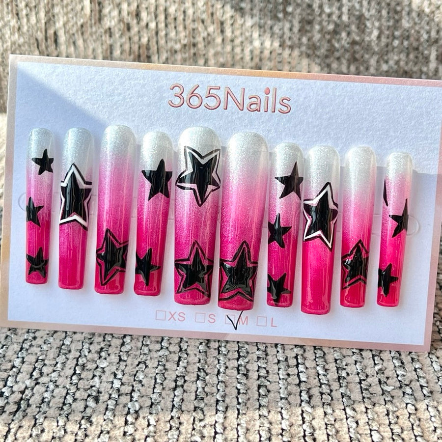 365nails: 핑크-블랙 별 그라데이션 롱 수제 사다리꼴형 프레스온 네일