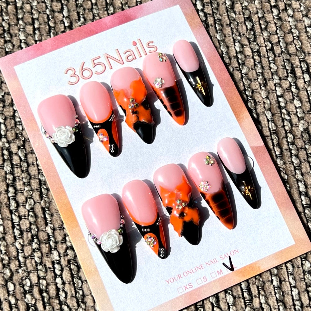 365nails: "Autumn Whisper" – 3D Flower & Rhinestone Handmade Almond Nails