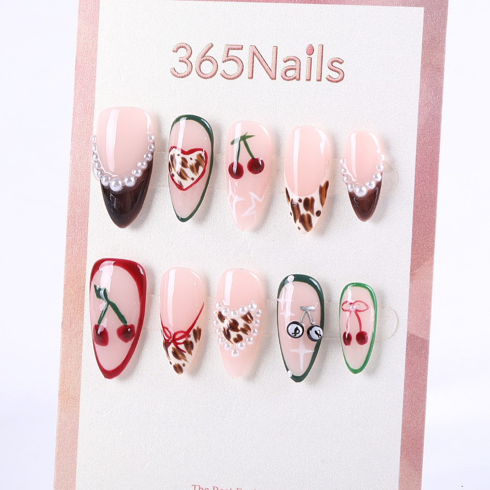 Cherry and Leopard Accent Press-On Nails with Pearl Details