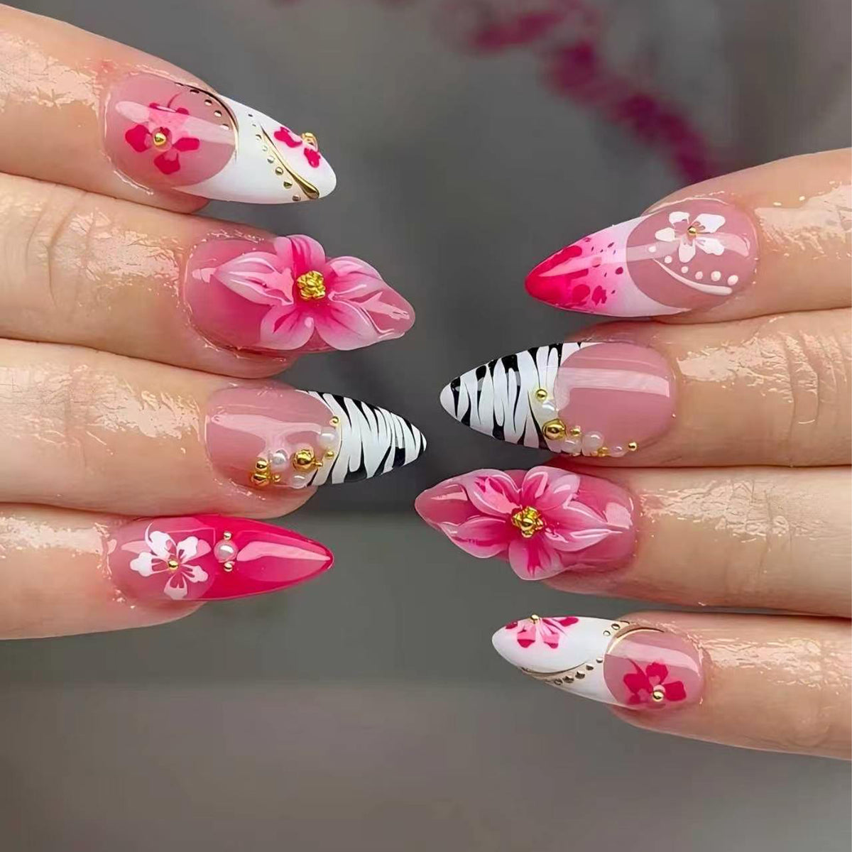 3D French Floral Glossy Pink White Almond Short Press On Nails – Design 71