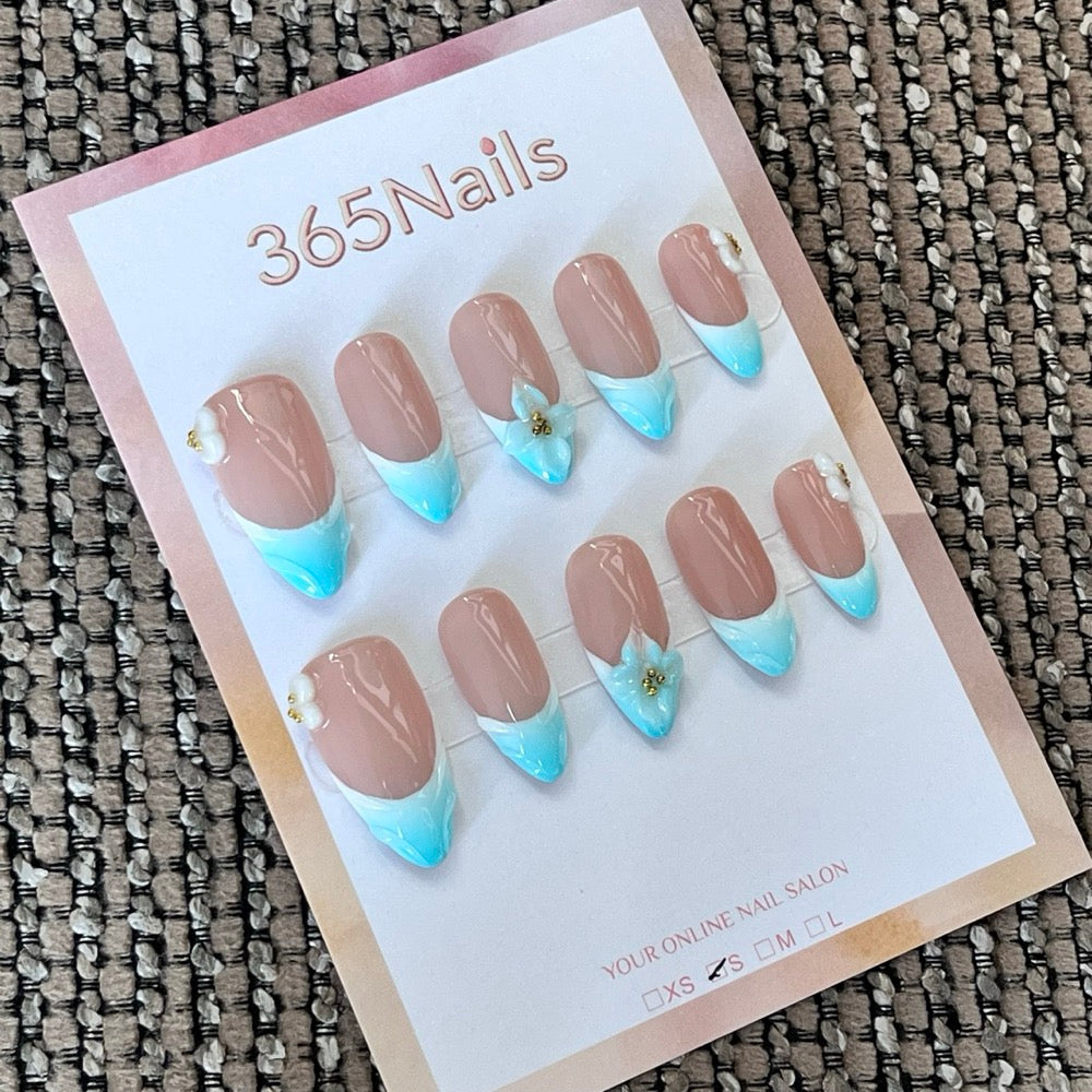 Aqua Blossom French - Blue 3D Press-On Nails