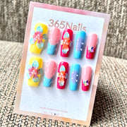 365nails: 트로피컬 수채화 오키드 – 수제 미디엄 스퀘어형 프레스온 네일